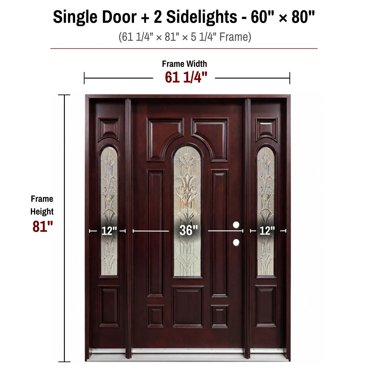 60 x 80 solid wood front entry door with two sidelights dimensions and frame size diagram