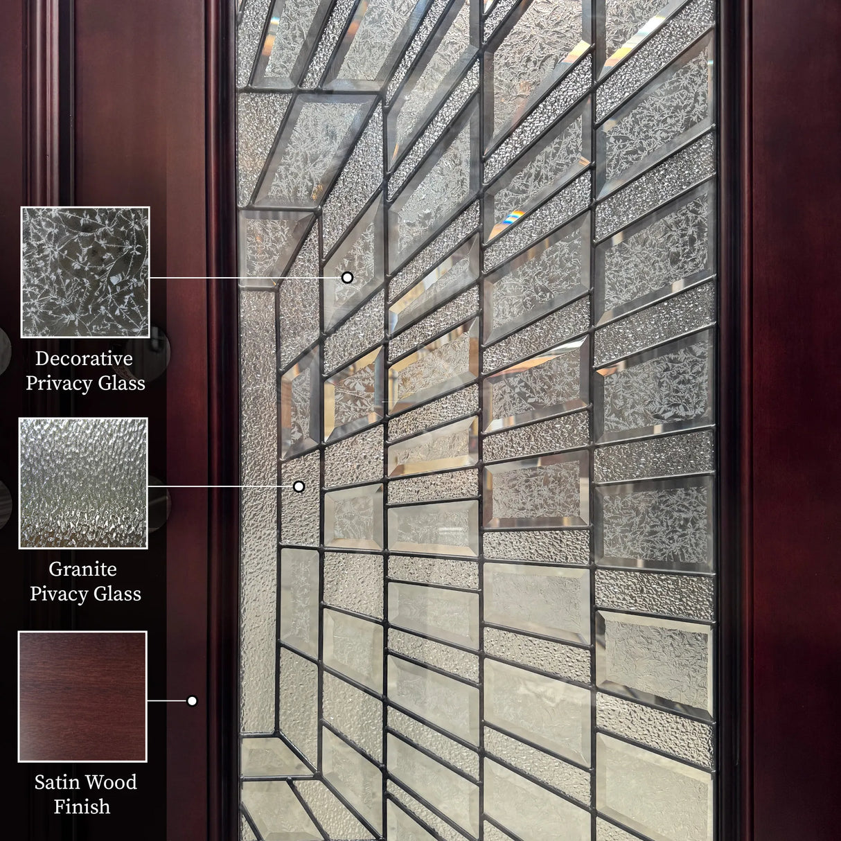 Close-up of decorative beveled glass panel on solid wood front entry door showing privacy glass and mahogany finish