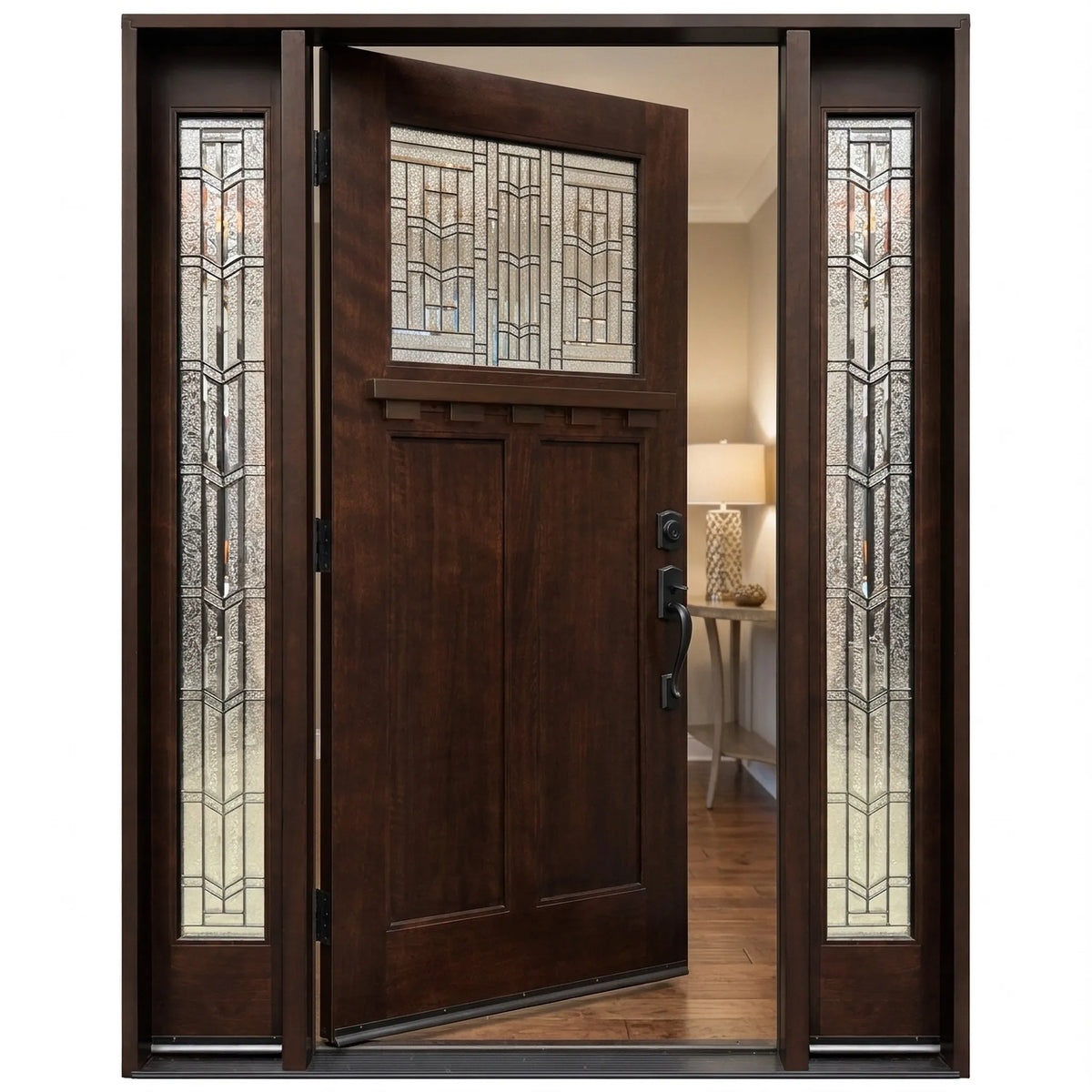 Single wood front door with two sidelights with decorative glass and dark walnut stain with door slightly opened to the left for Brookside door
