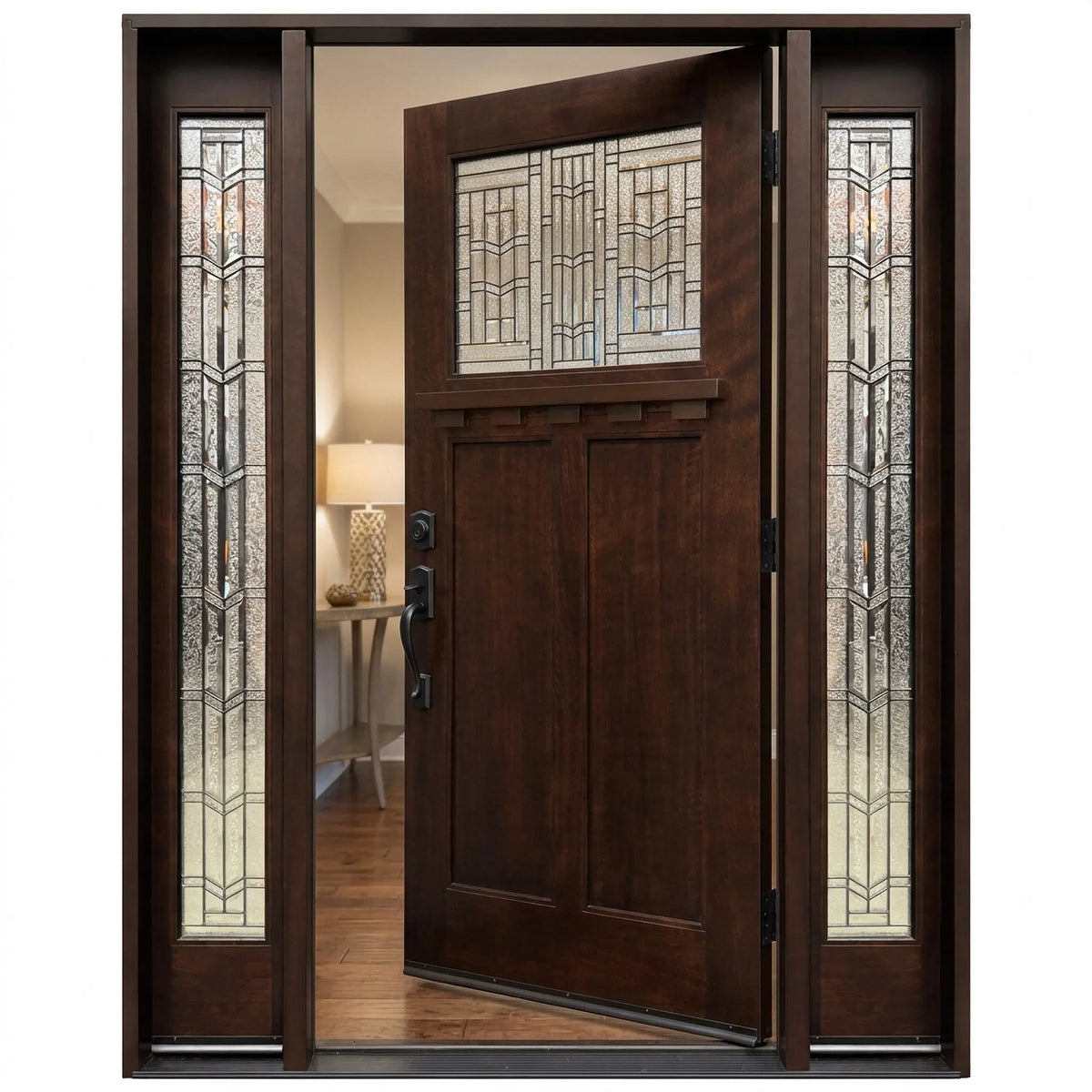 Single wood front door with two sidelights with decorative glass and dark walnut stain with door slightly opened to the right for Brookside door