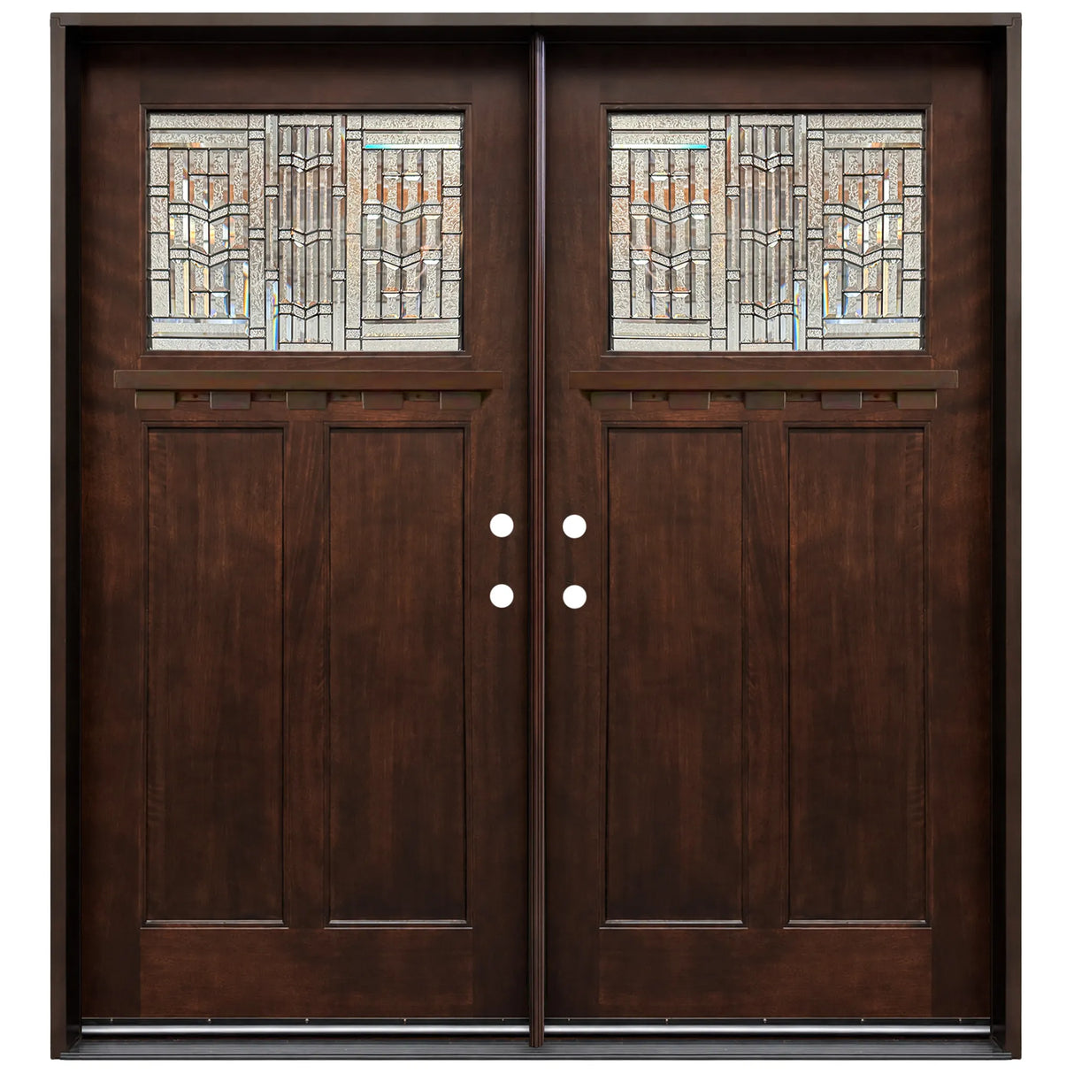 Double front entry door with decorative glass panels and classic styling, straight-on exterior view