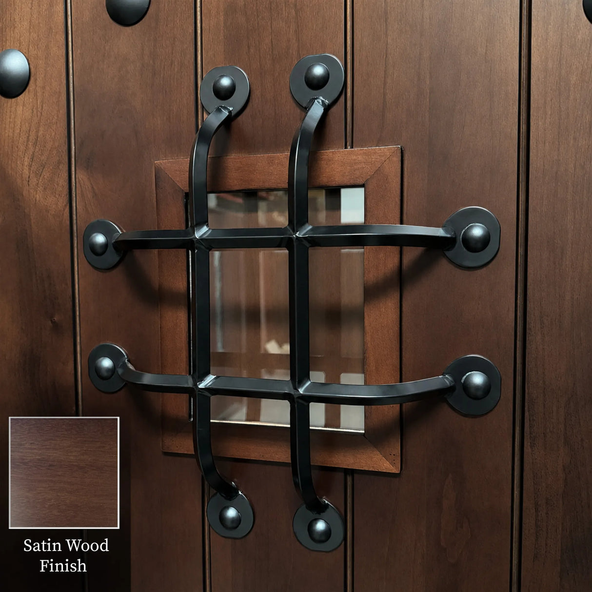 Close-up of speakeasy design on a brown double solid wood front door