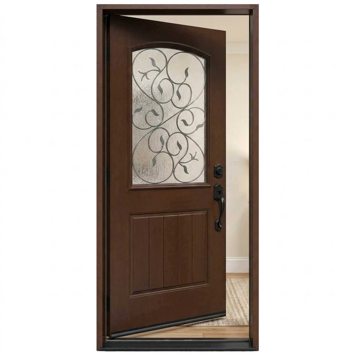 Single fiberglass door with decorative glass and dark walnut stain with door slightly opened to the left fd04