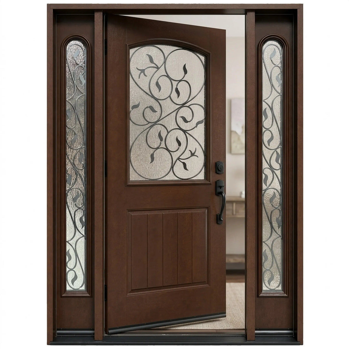 Single fiberglass front door with two sidelights with decorative glass and dark walnut stain with door slightly opened to the left fd04