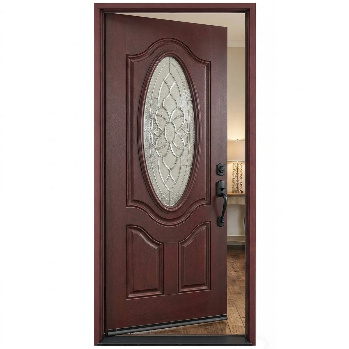 Single fiberglass front door with decorative glass and dark mahogany stain with door slightly opened to the left fd800