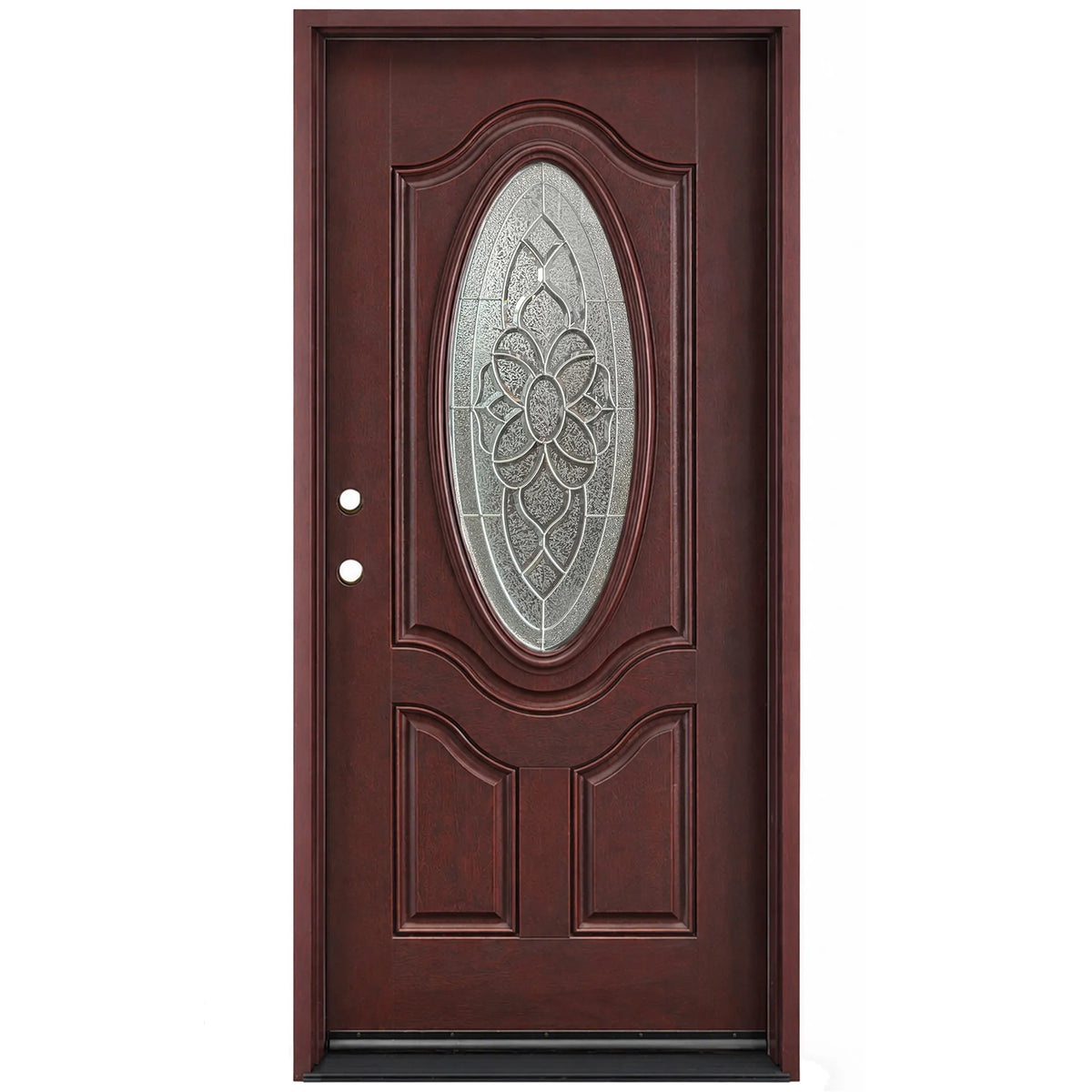 Fiberglass front entry door with decorative oval beveled glass panel, wood grain finish, front view
