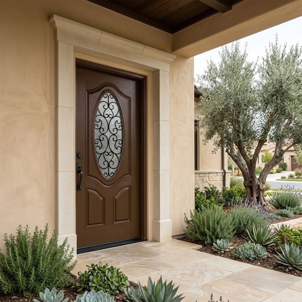 Fiberglass Door Iron Scroll Work Rain Glass FD800W