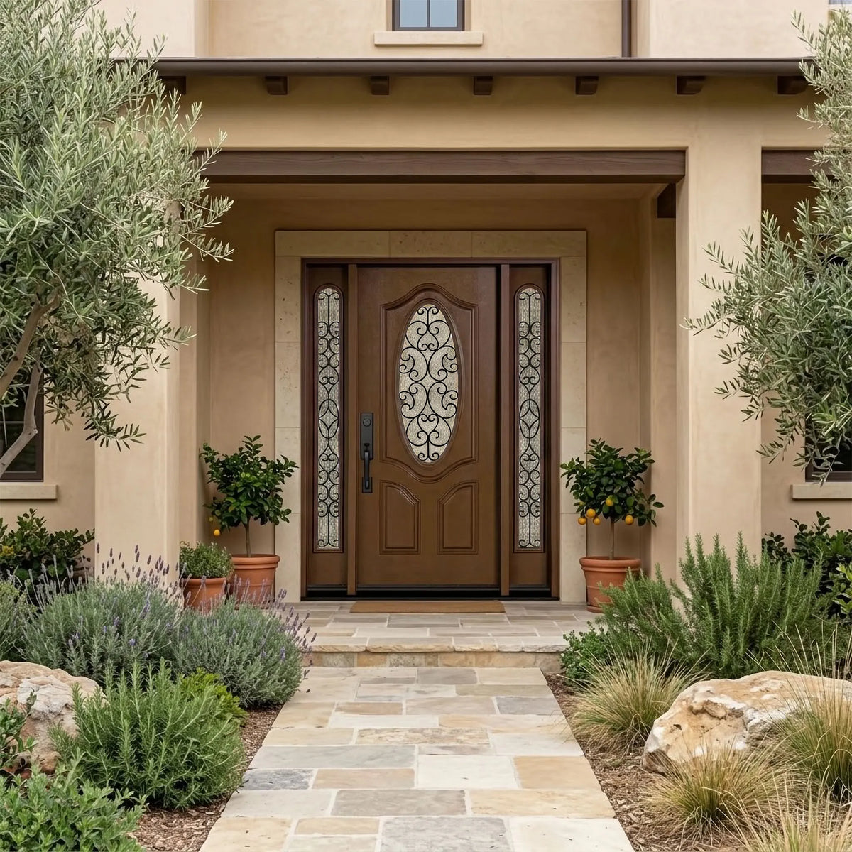 Fiberglass Door Iron Scroll Work Rain Glass FD800W