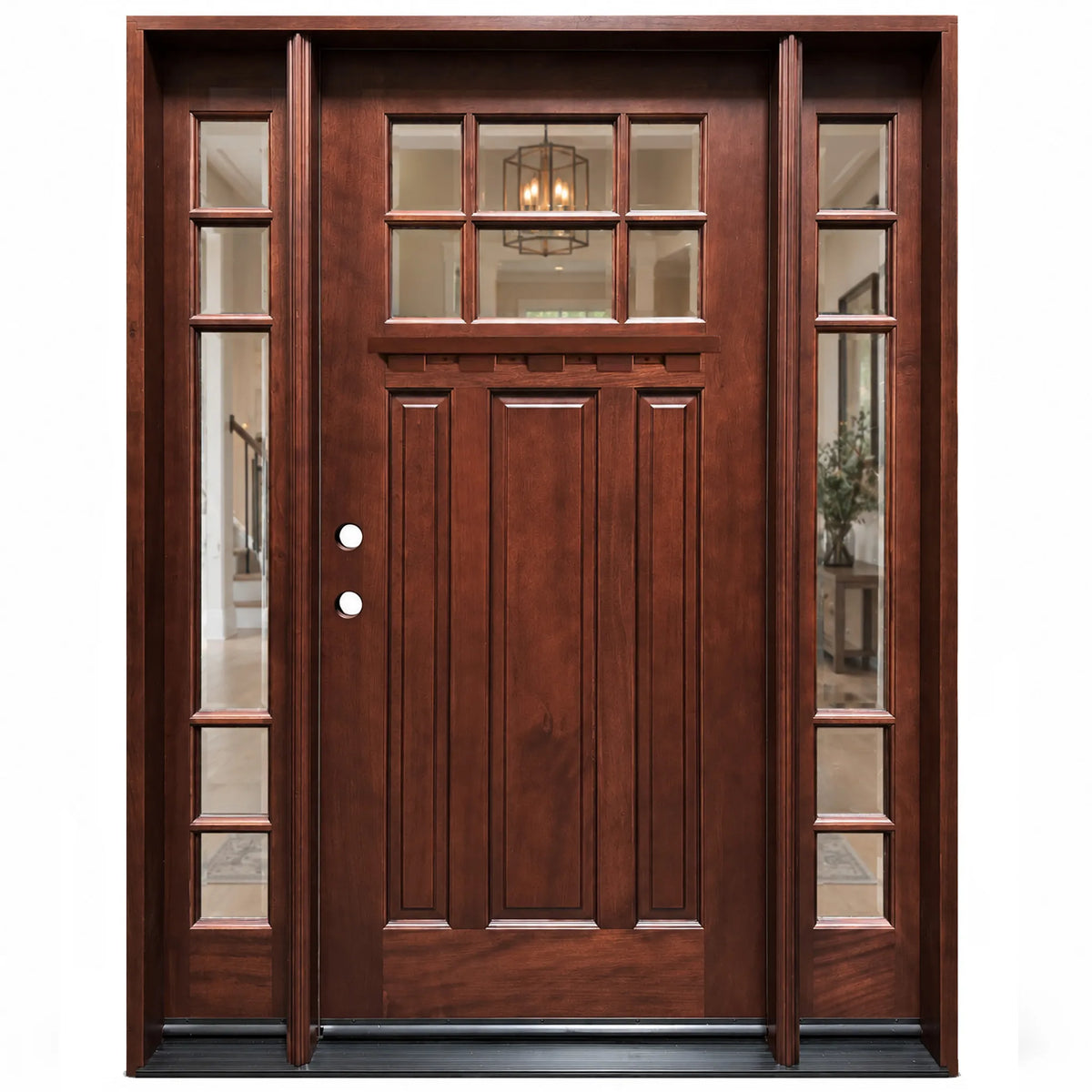 Front entry door with two sidelights and decorative glass panels, classic traditional design, straight-on exterior view, righthand inswing