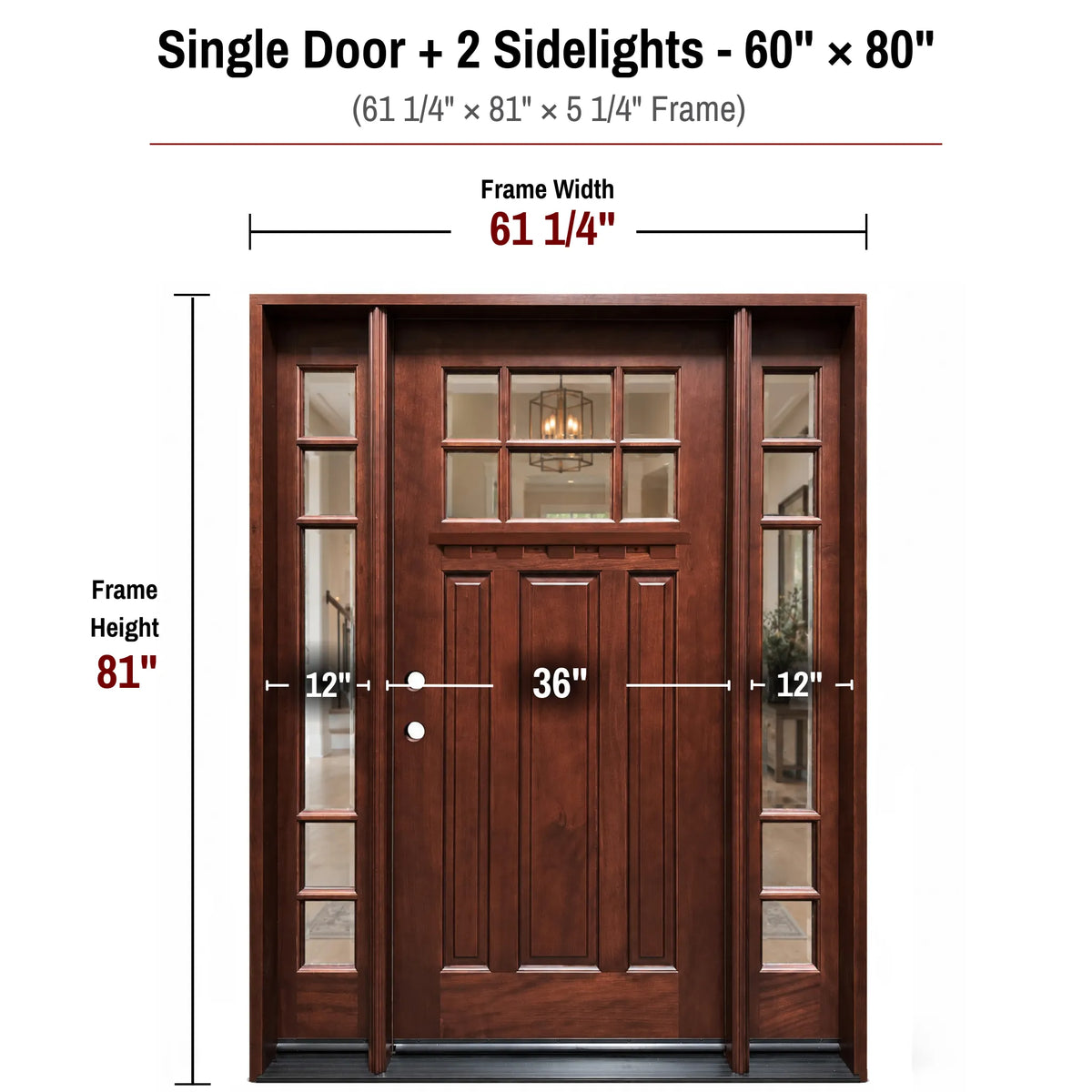 60 x 80 solid wood single front entry door with sidelights dimensions and frame size diagram for Huntington door