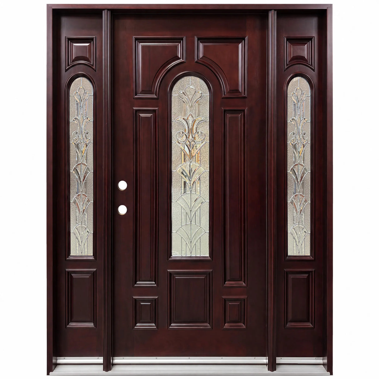 Solid wood front entry door with two sidelights and decorative beveled glass panels, mahogany finish, front view