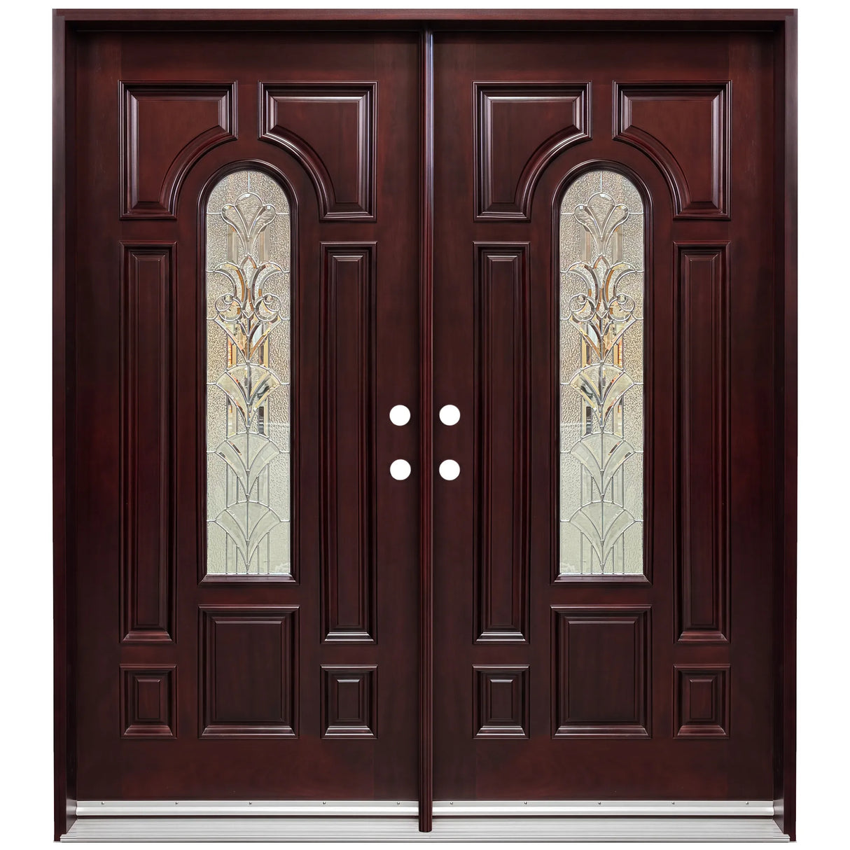 Solid wood double front entry door with decorative beveled glass panels and mahogany finish, front view