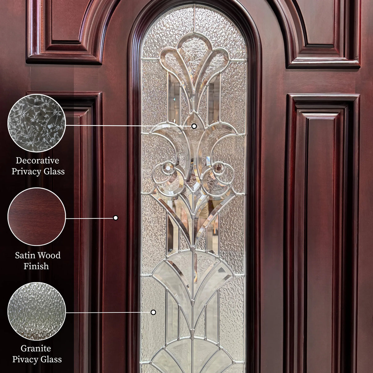 Close-up of decorative beveled glass insert on solid wood front entry door showing floral caming and mahogany finish