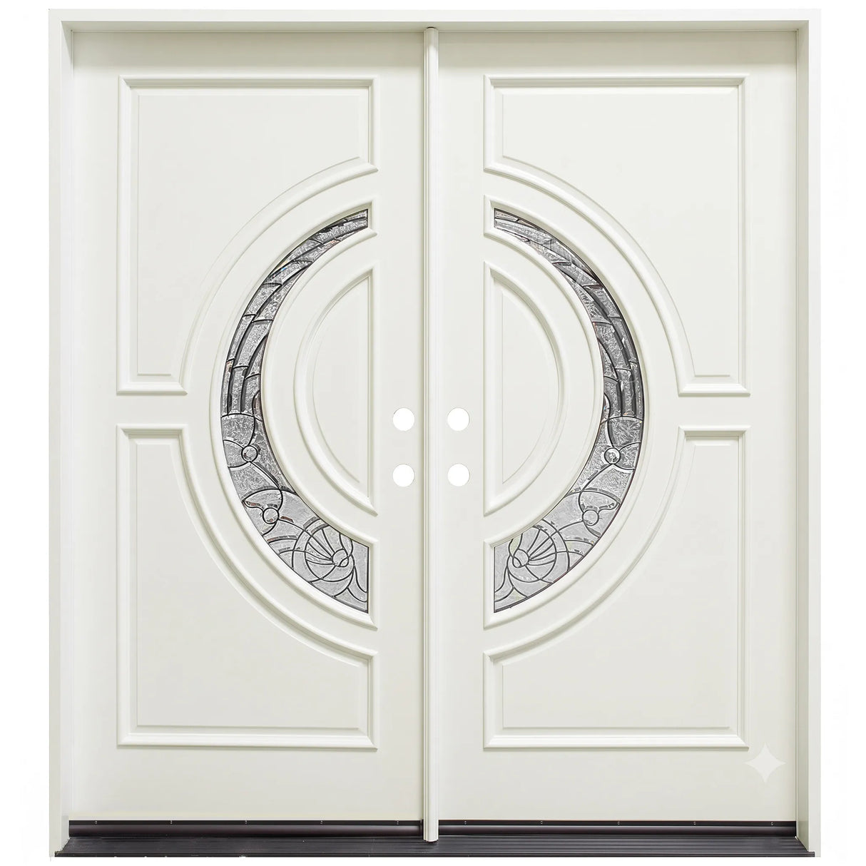 White double front entry door with crescent glass panels and classic design, straight-on view