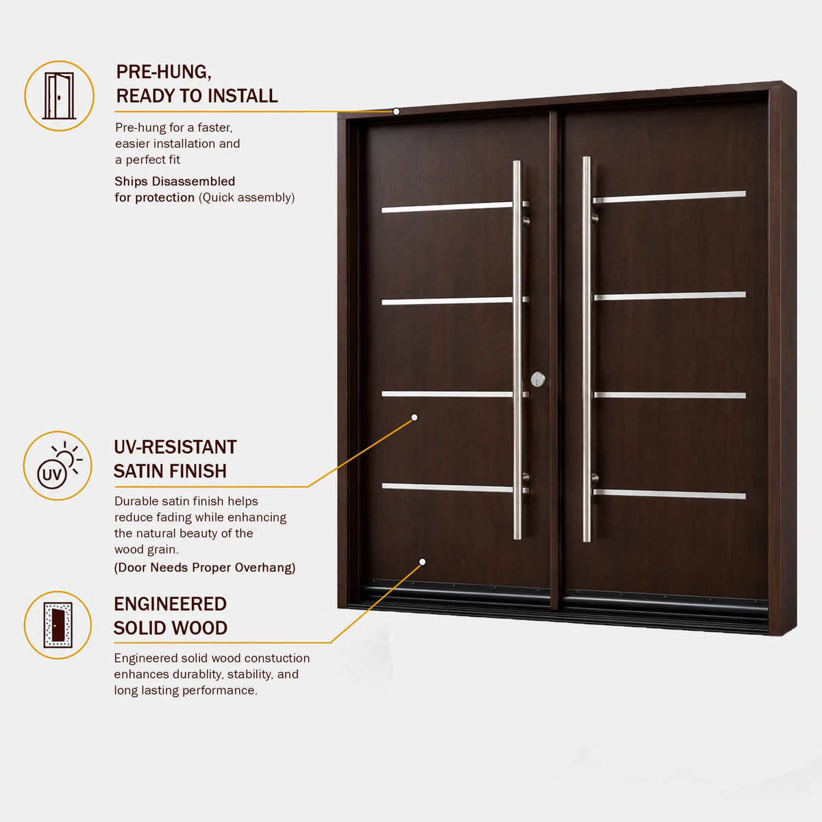 Modern solid wood front entry door features infographic highlighting mahogany construction, and prehung design, M5P door