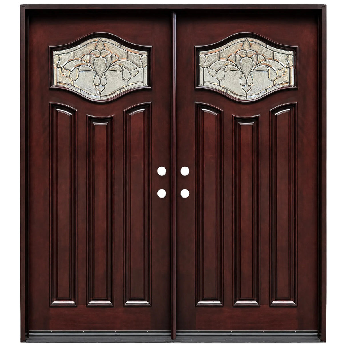 Double front entry door with decorative glass panels and Paris-style design, straight-on exterior view