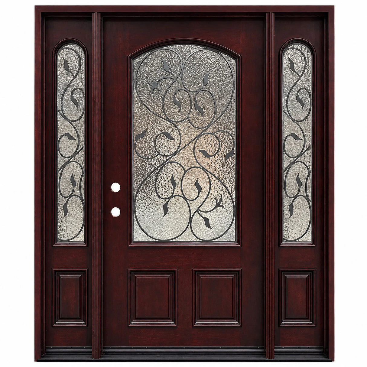 Front entry door with two sidelights and decorative glass panels, classic exterior front view