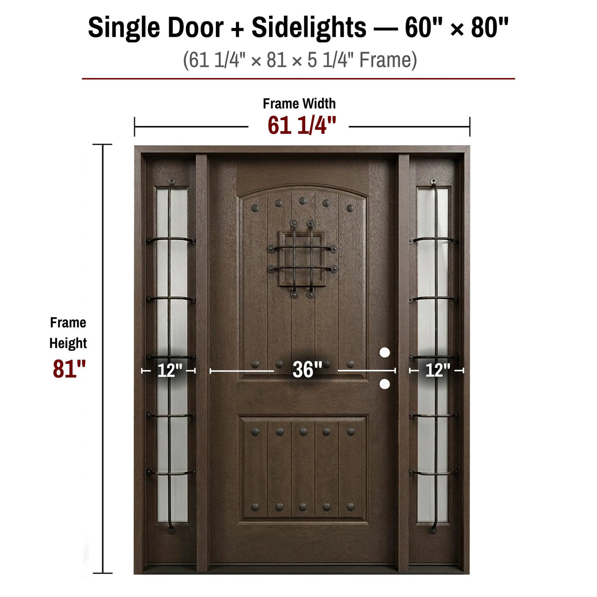 60 x 80 fiberglass front entry door with two sidelights dimensions and frame size diagram