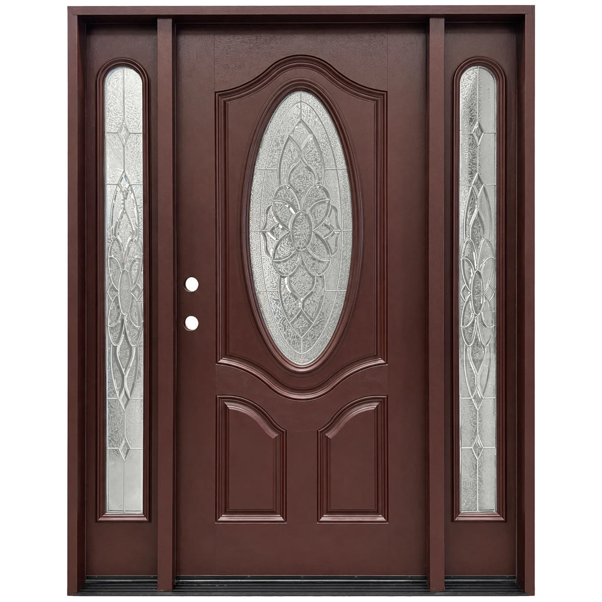 Fiberglass front entry door with one sidelight and decorative oval beveled glass panel, wood grain finish, front view