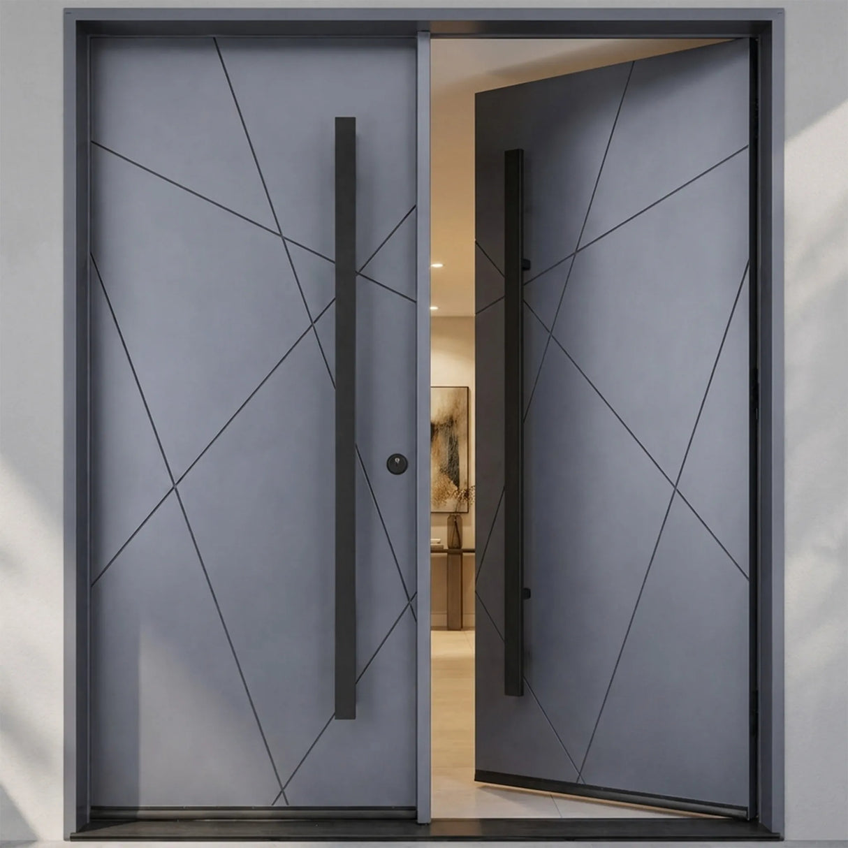Modern gray door with black handles in an open position