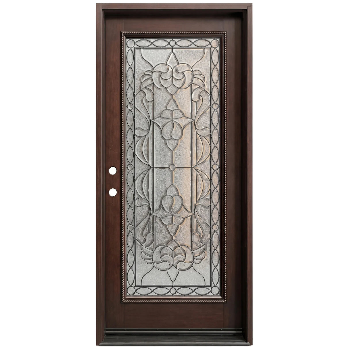 Solid wood single front entry door with decorative wrought iron glass panel and mahogany finish, front view
