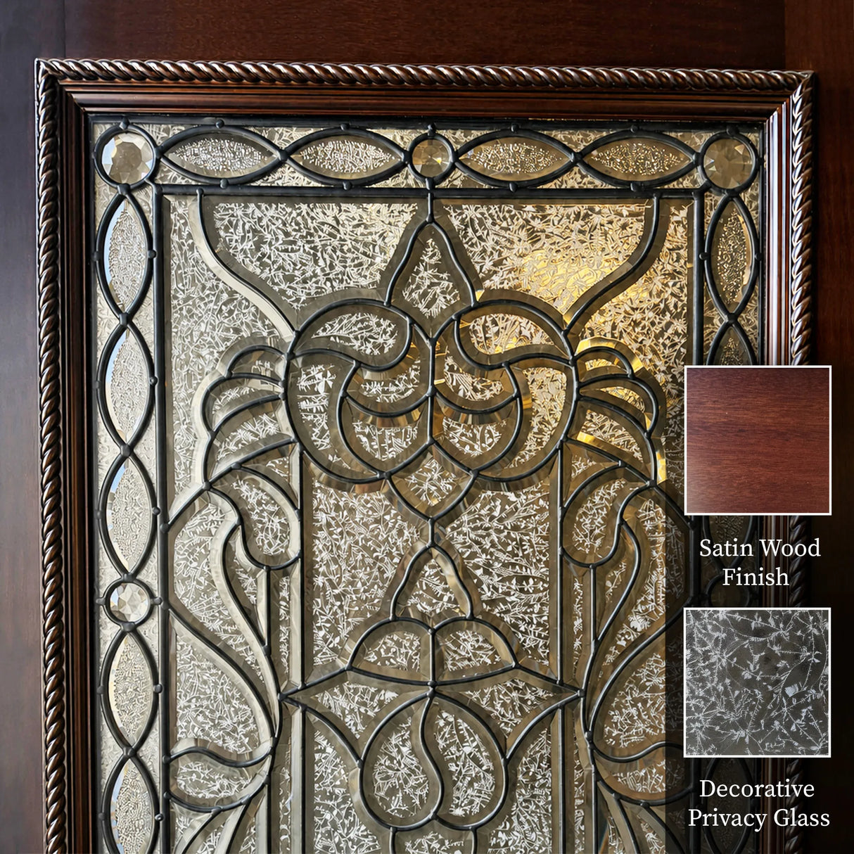 Close-up of decorative wrought iron and privacy glass insert on solid wood front entry door showing ornamental scrollwork