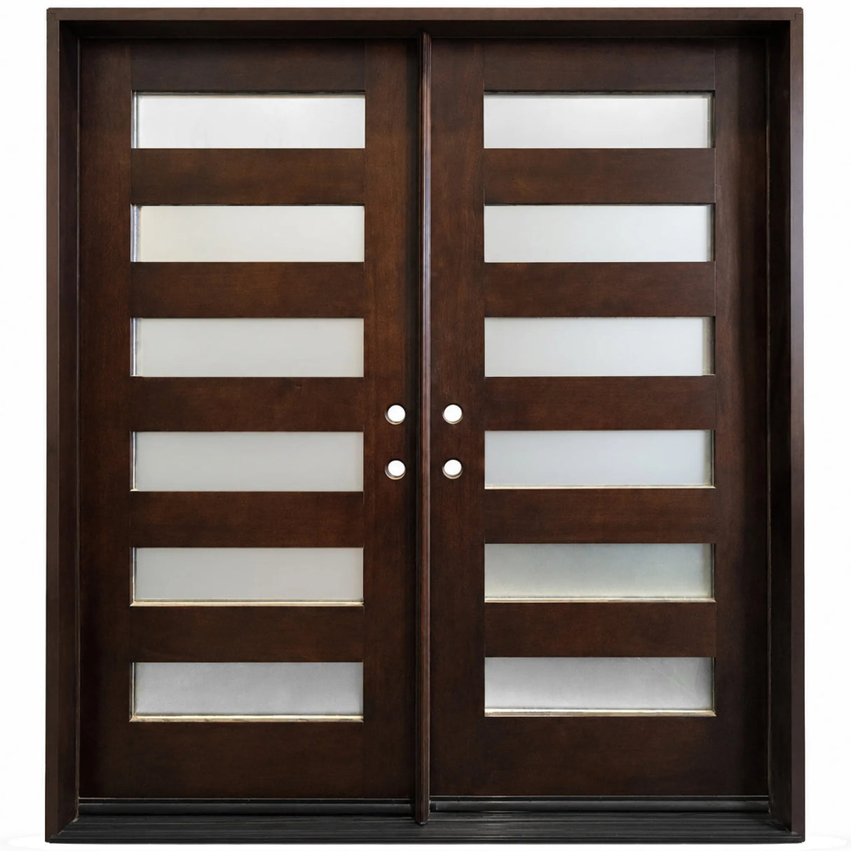 Modern solid wood double front entry door with horizontal frosted glass panels, front view