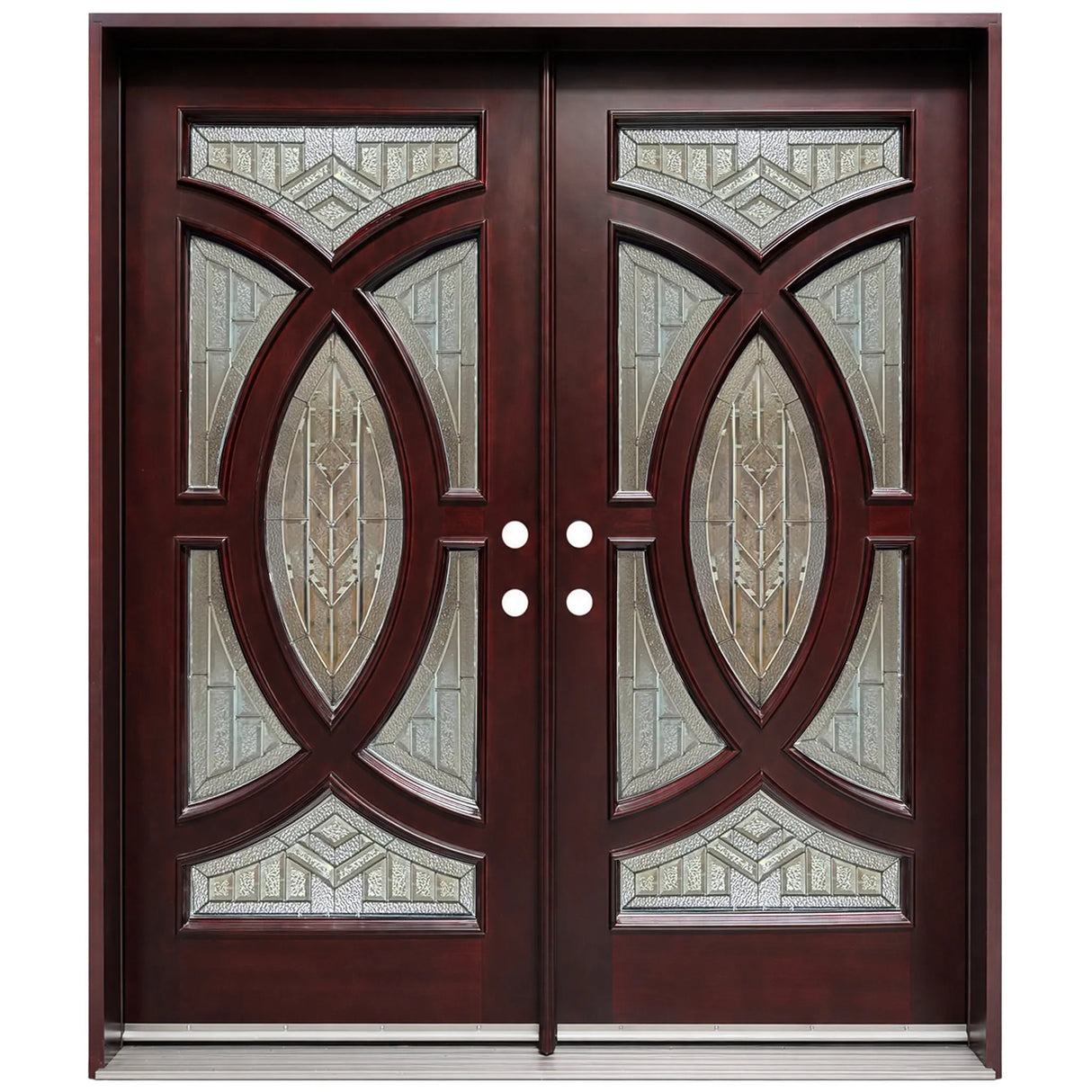 Solid wood double front entry door with decorative oval beveled glass panels and mahogany finish, front view