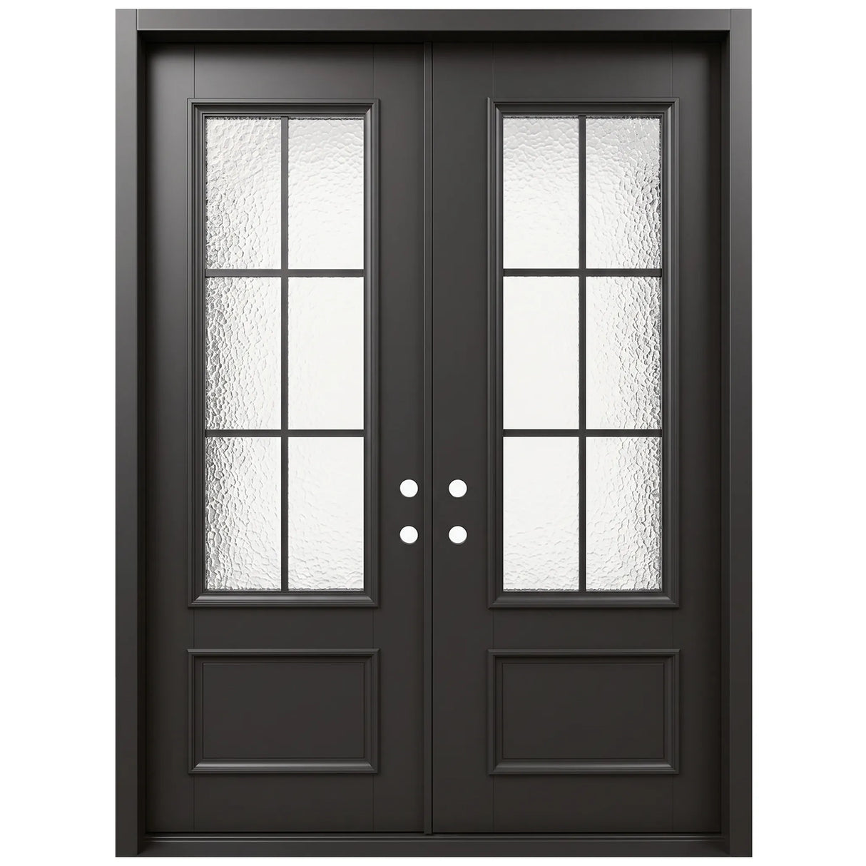 Iron double front entry door with textured glass panels and black grid design, front view