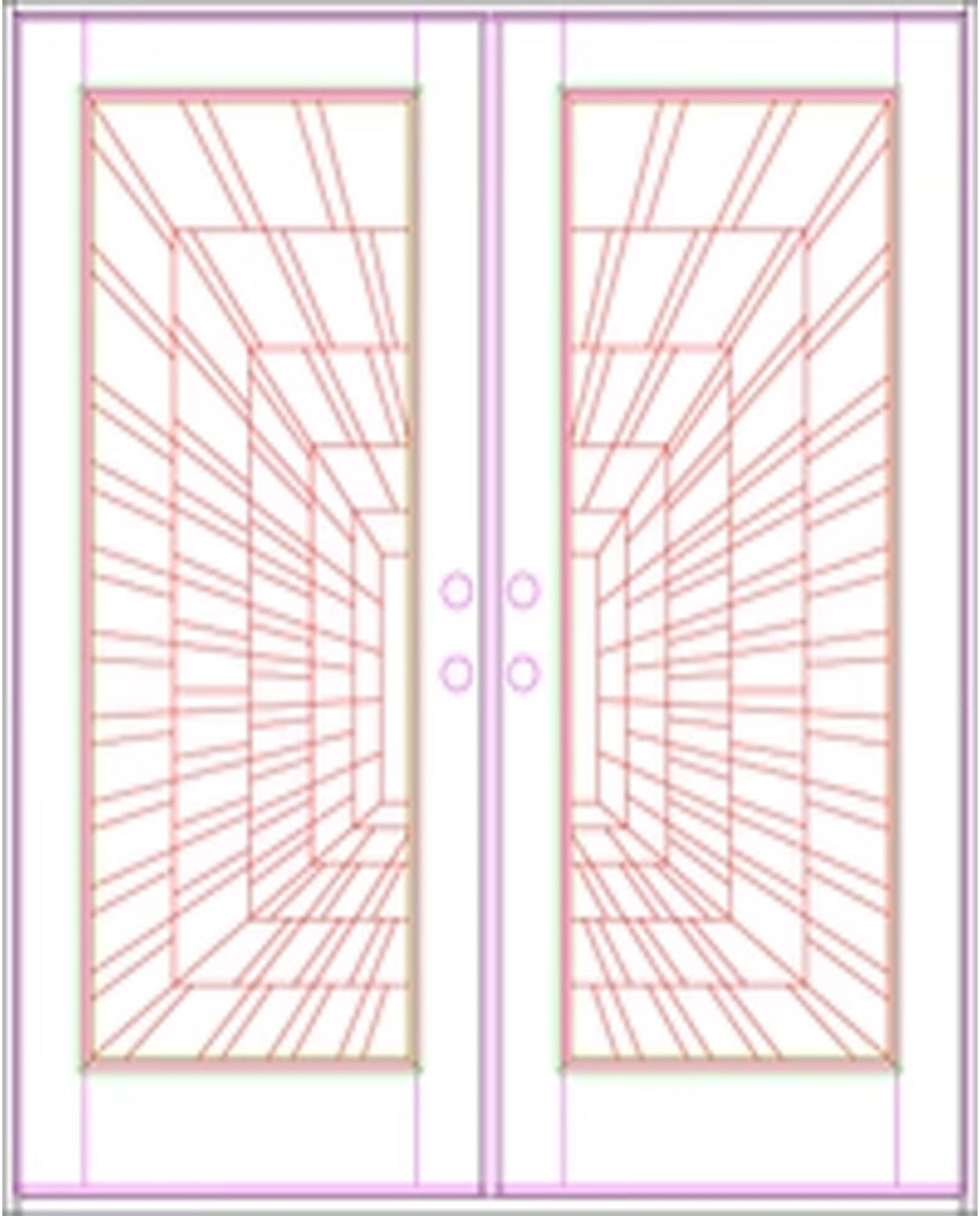 Illustration of double front entry door showing design layout and glass panel configuration