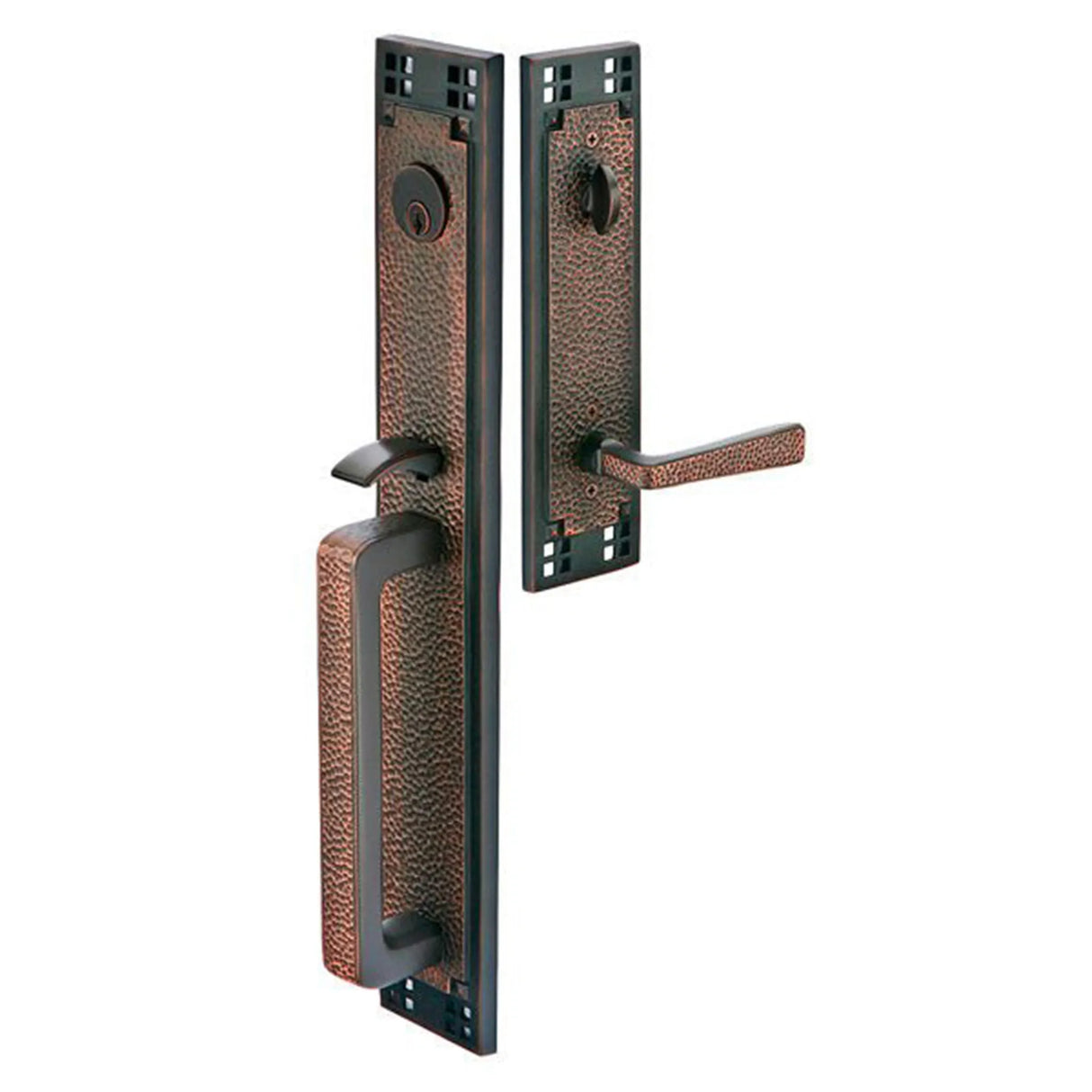 Front entry door handle set with deadbolt and grip handle, exterior hardware, front view