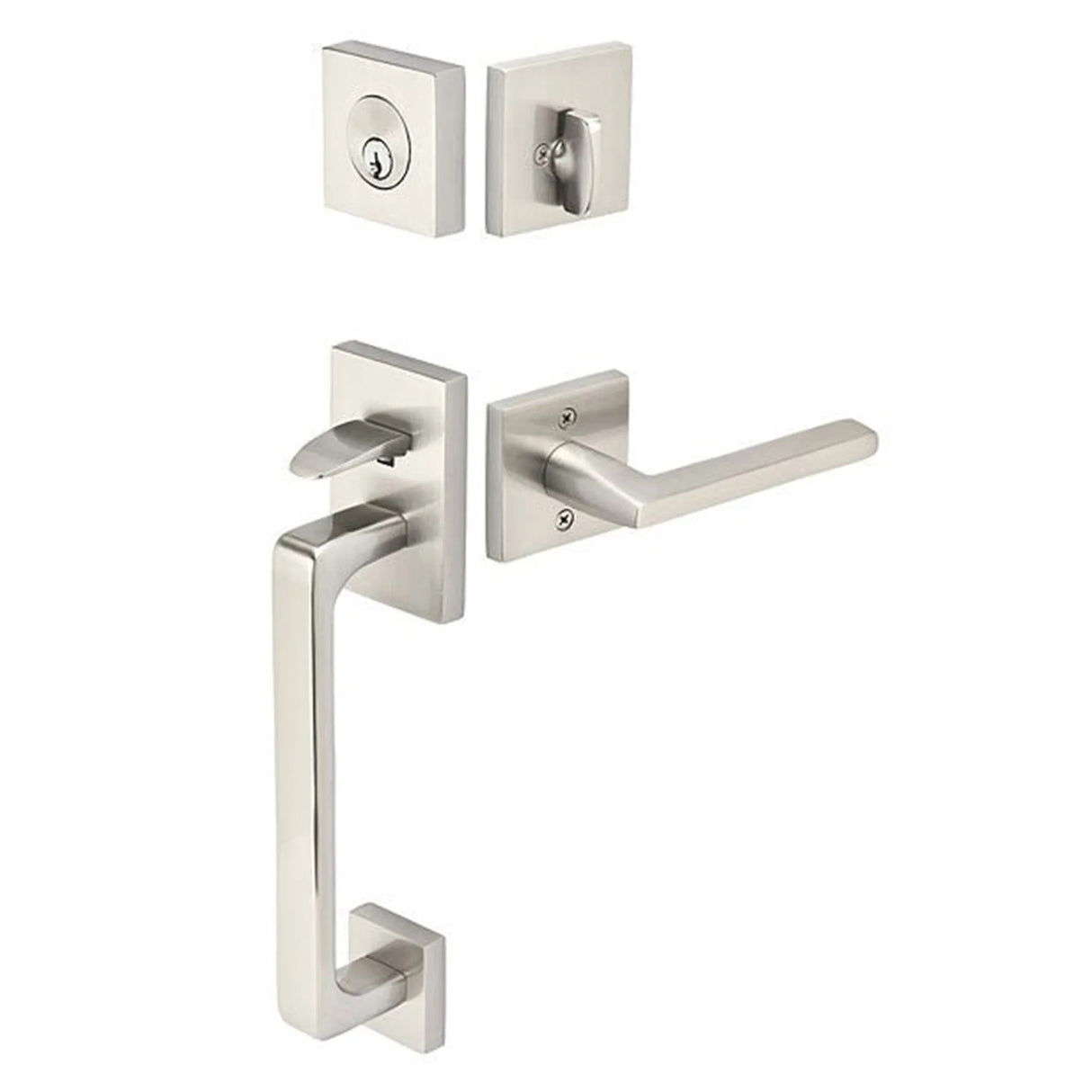 Front entry door handle set with deadbolt and grip handle, exterior door hardware, front view