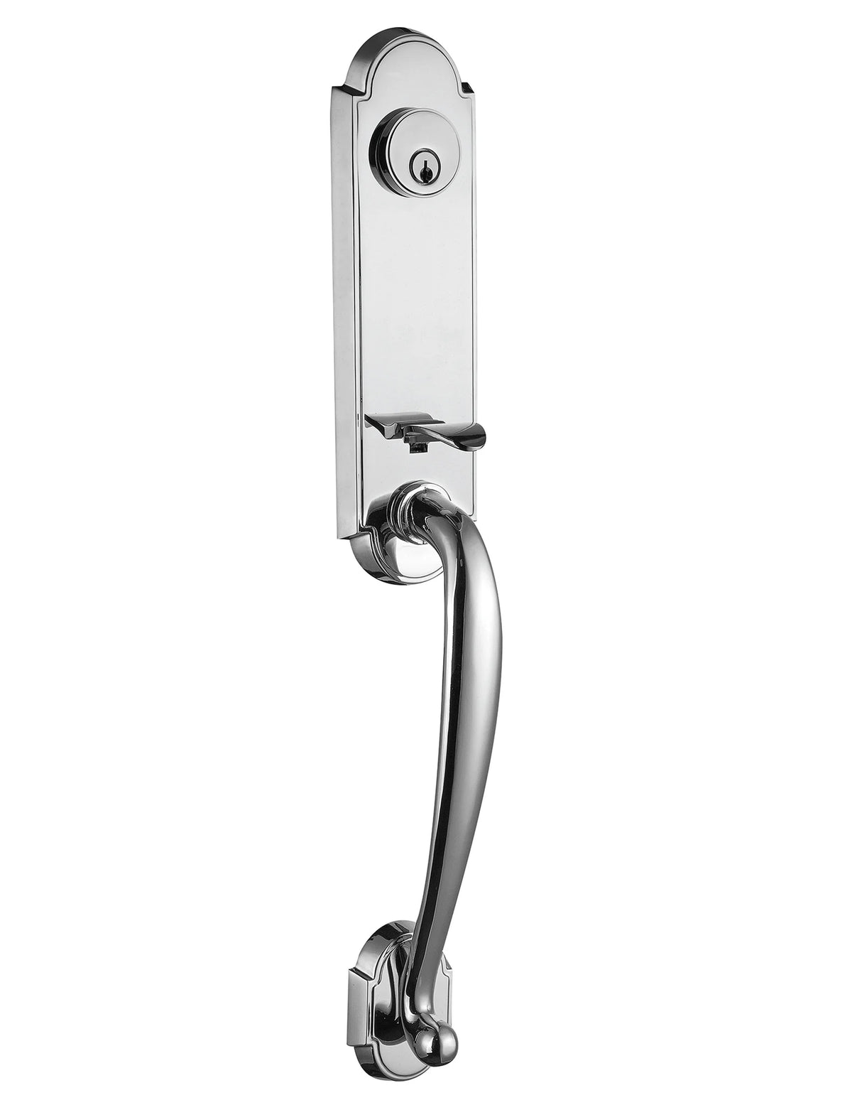 Front entry door handle set with deadbolt and grip handle, exterior hardware, front view