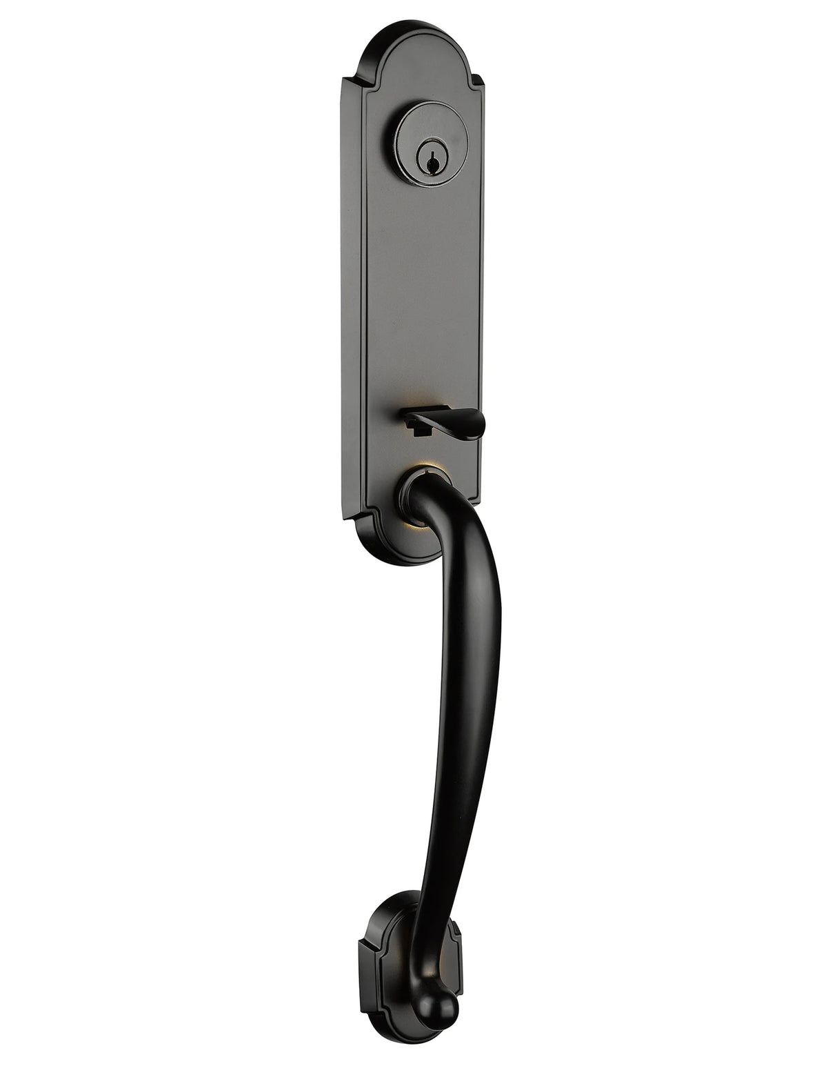 Front entry door handle set with deadbolt and grip handle, exterior hardware, front view