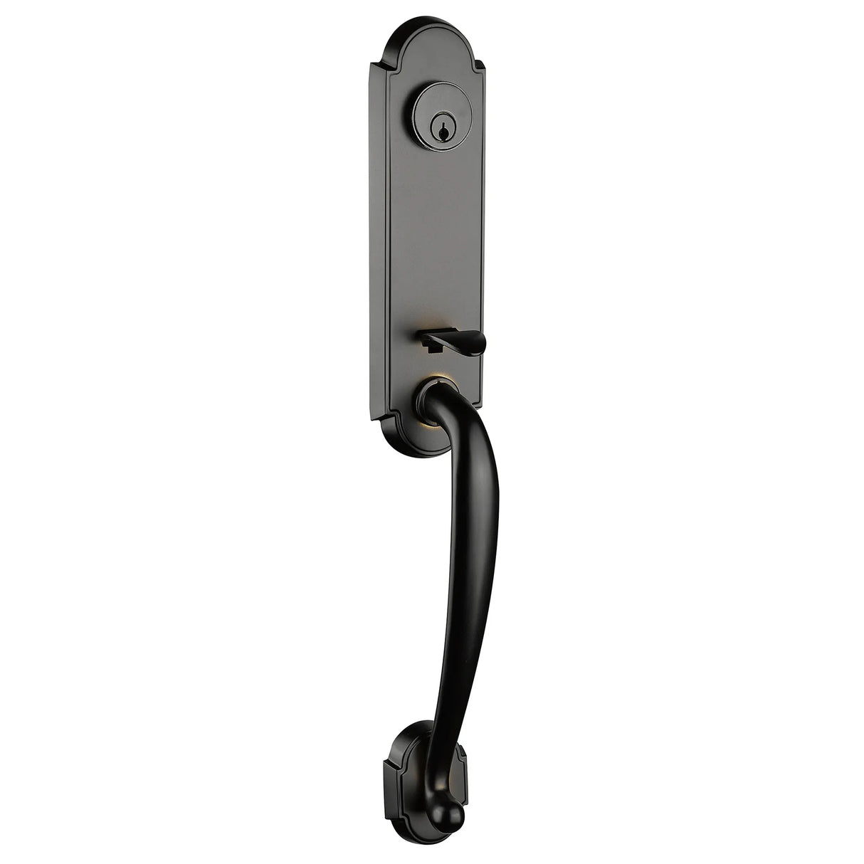 Bronze front entry door handle set with deadbolt and grip handle, exterior hardware, front view
