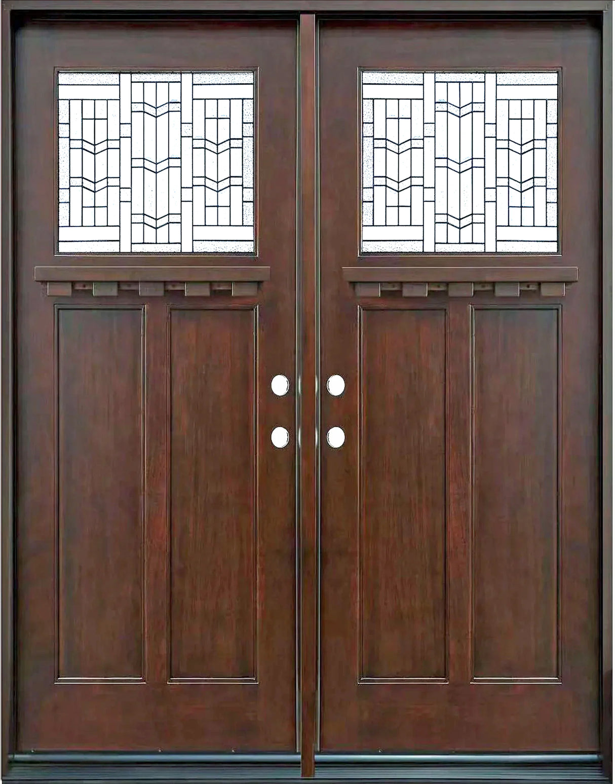 Double front entry door with decorative glass panels and classic styling, straight-on exterior view