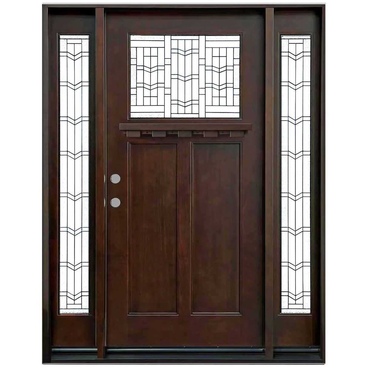 Front entry door with two sidelights and decorative glass panels, classic exterior front view