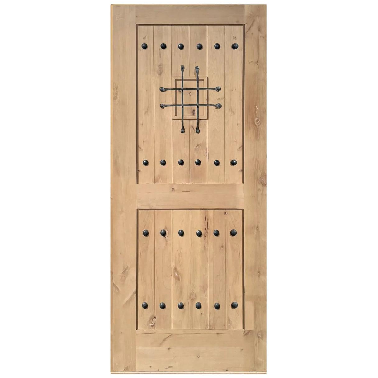 Exterior solid wood slab entry door with classic panel design, front view