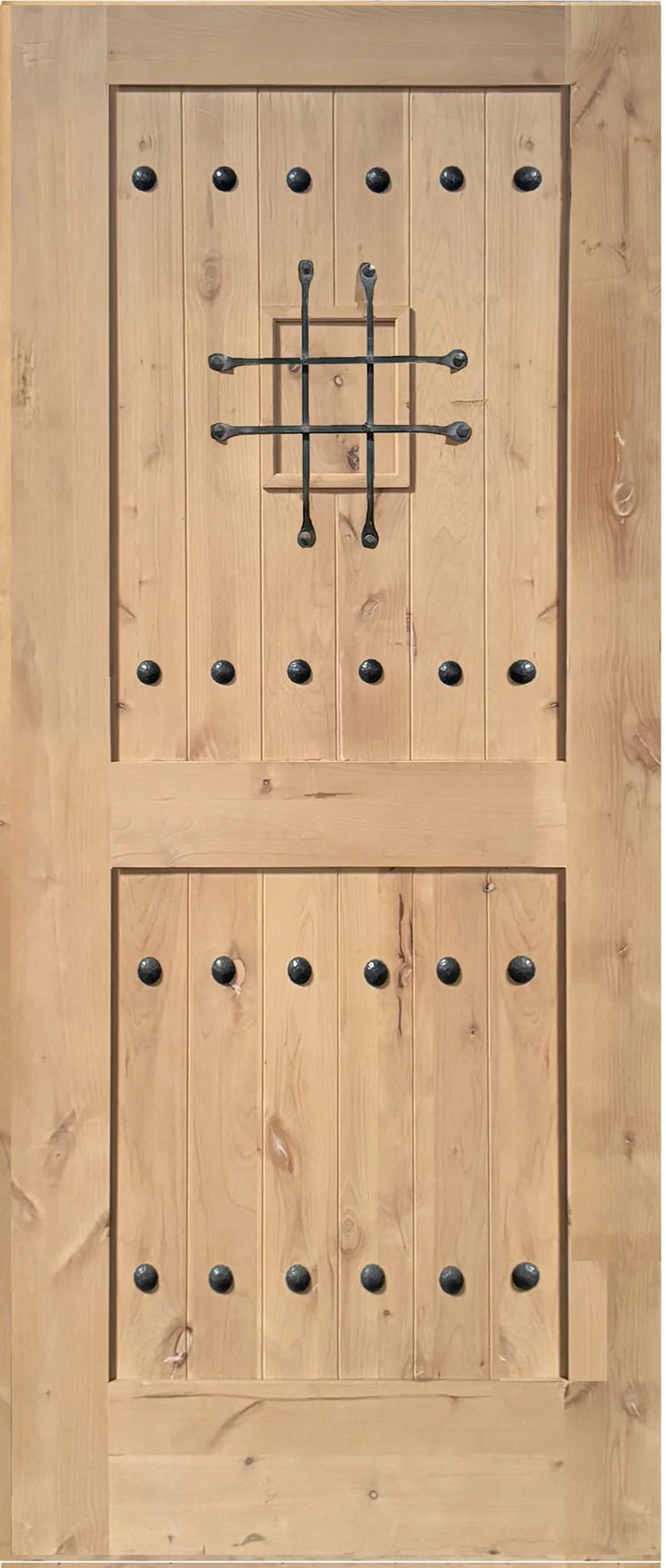 Exterior solid wood slab entry door with classic panel design, front view