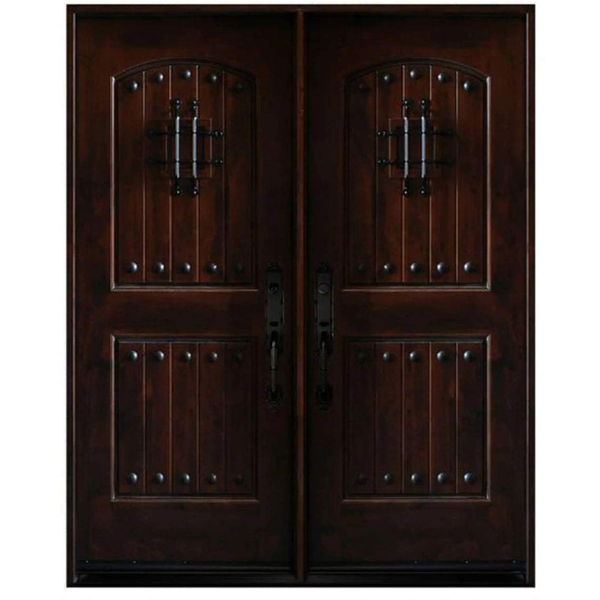 Double front entry door with decorative glass panels and castle-style design, straight-on exterior view