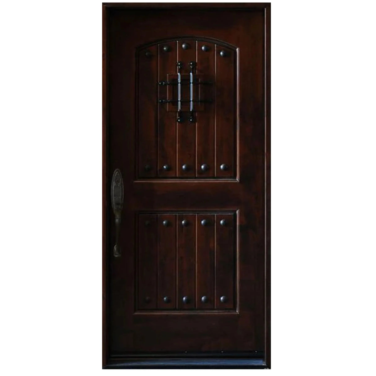 Single front entry door with decorative glass panel and castle-style design, straight-on exterior view