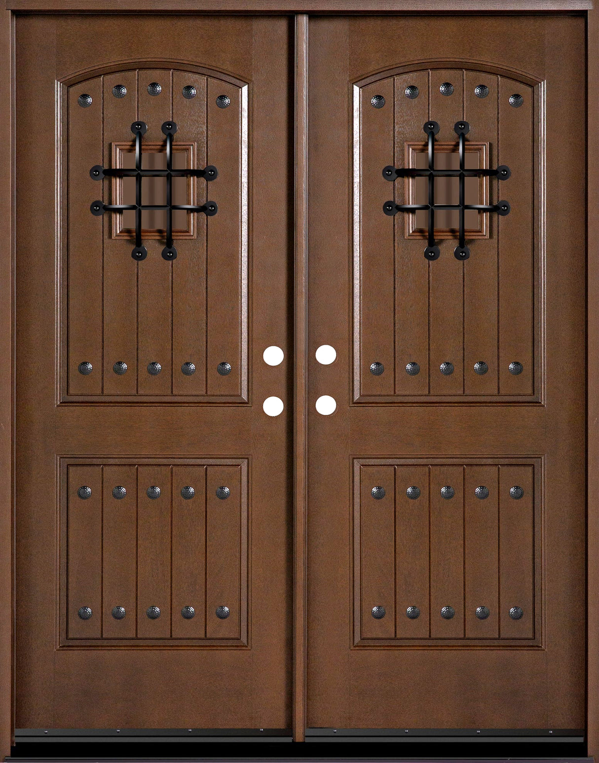 Fiberglass double front entry door with decorative speakeasy glass panels and wood grain finish, straight-on view