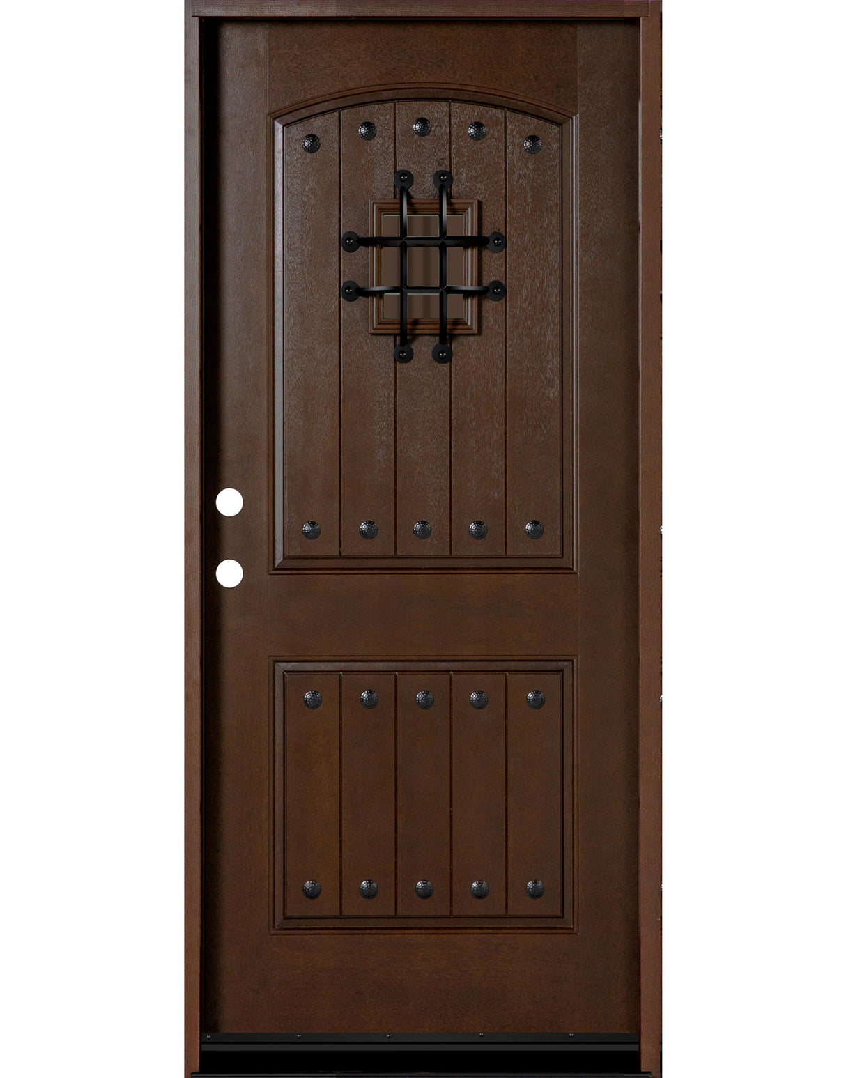Fiberglass single front entry door with speakeasy glass panel and wood grain finish, straight-on exterior view