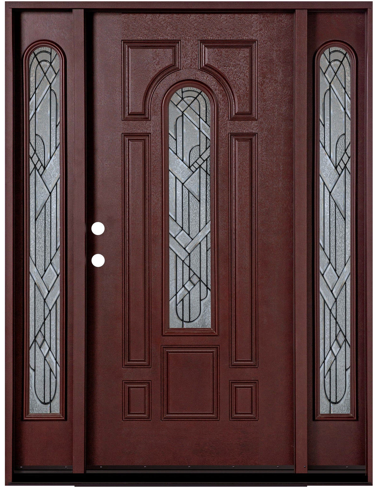 Fiberglass entry door with two sidelights, wood grain finish, and decorative glass panels, straight-on exterior view