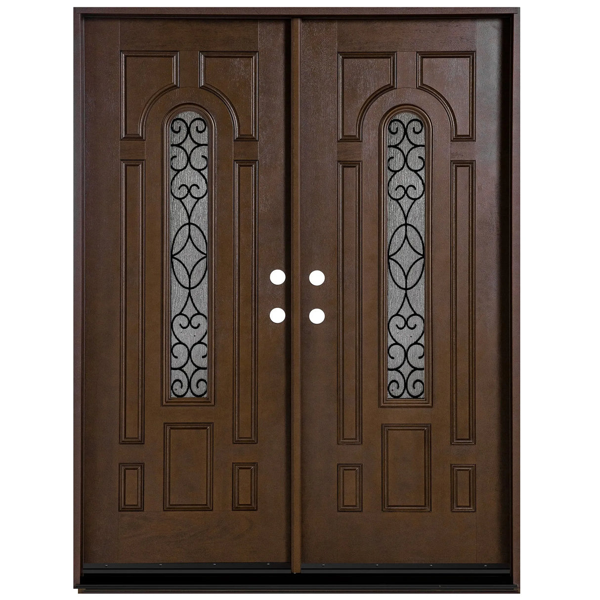 Fiberglass double front entry door with decorative rain glass panels and wood grain finish, straight-on exterior view