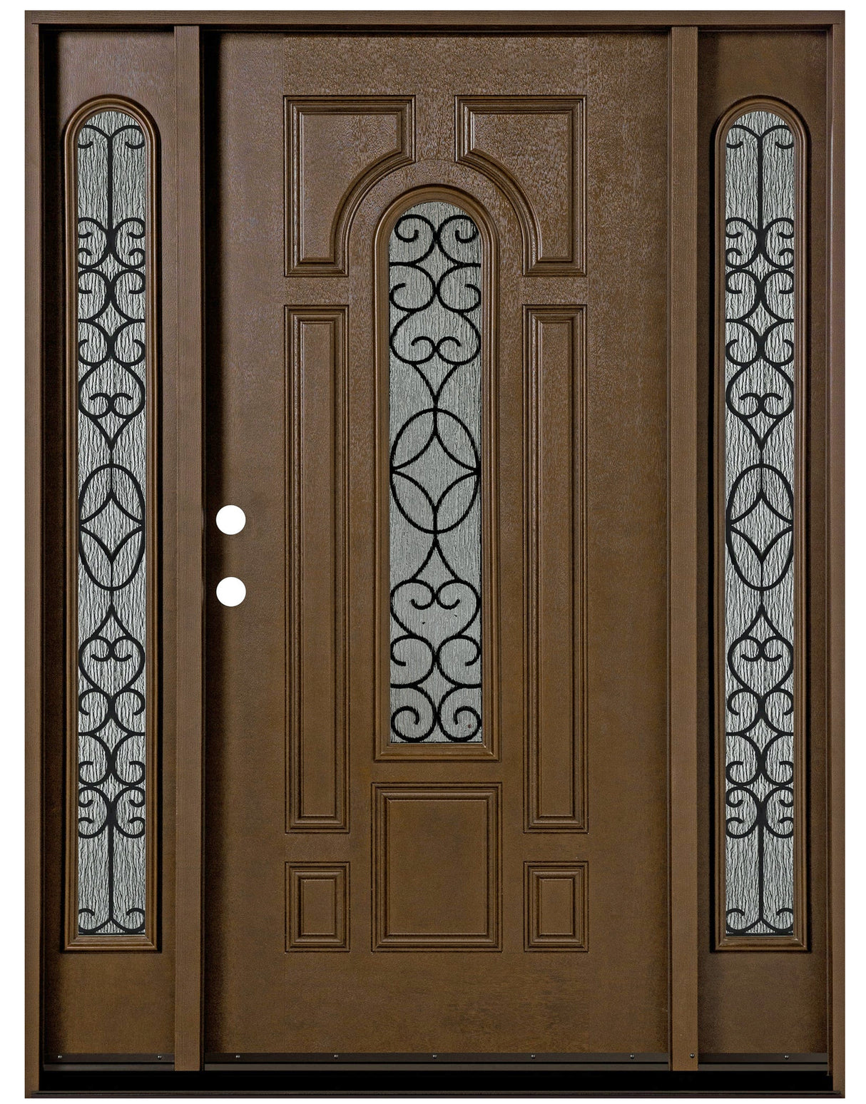 Fiberglass entry door with two sidelights, wood grain finish, and rain glass panels, front view