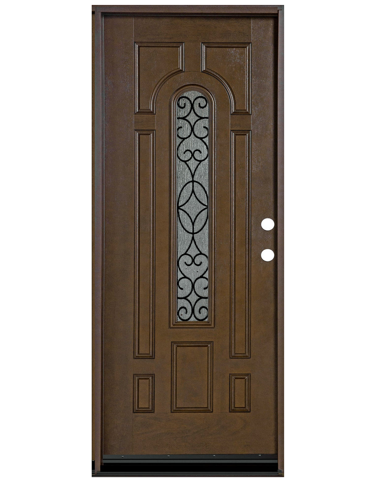 Fiberglass single front entry door with rain glass panel and wood grain finish, straight-on view