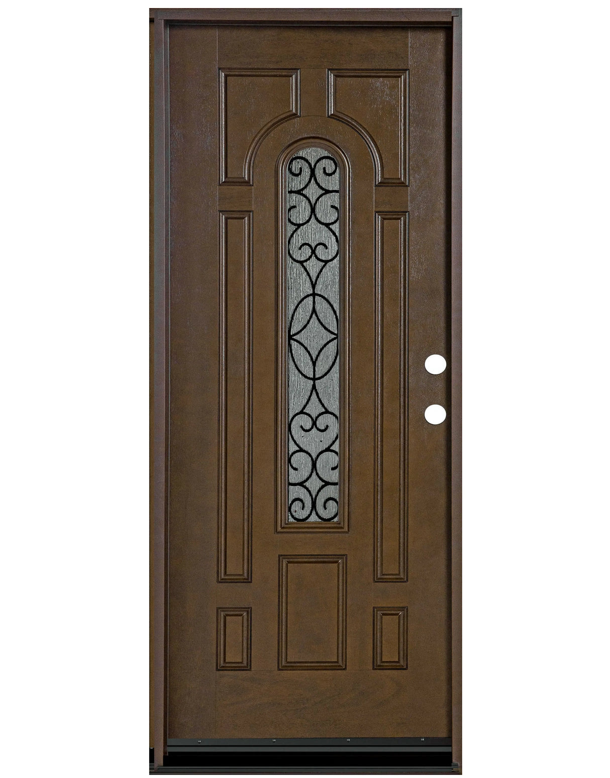 Fiberglass single front entry door with rain glass panel and wood grain finish, straight-on view