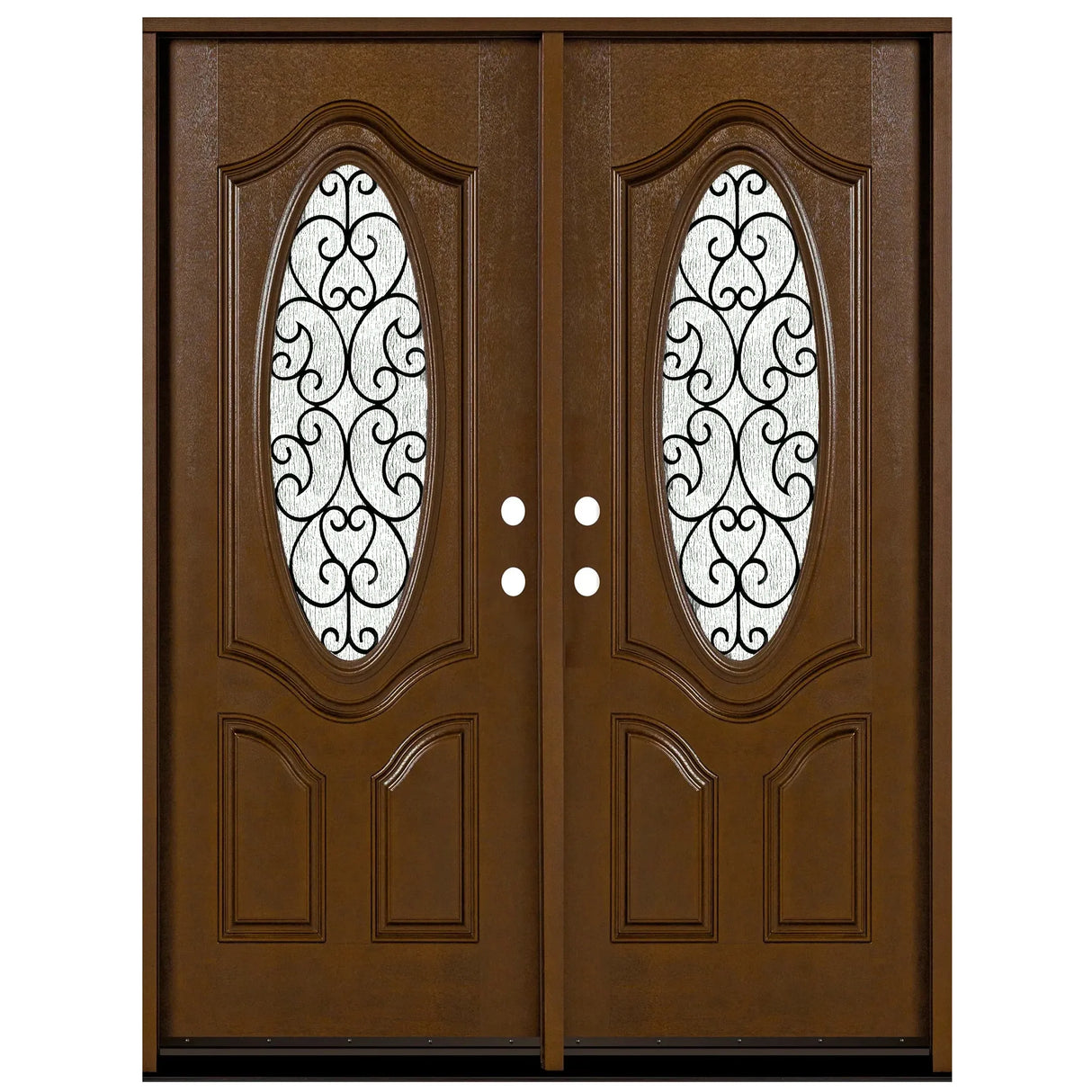 Fiberglass double front entry door with iron scrollwork and rain glass panels, wood grain finish, straight-on view