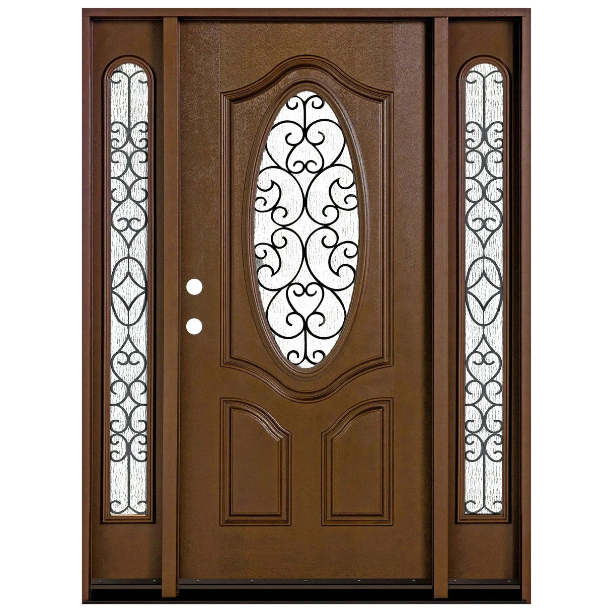Fiberglass entry door with two sidelights, iron scrollwork design, wood grain finish, and rain glass panels, front view